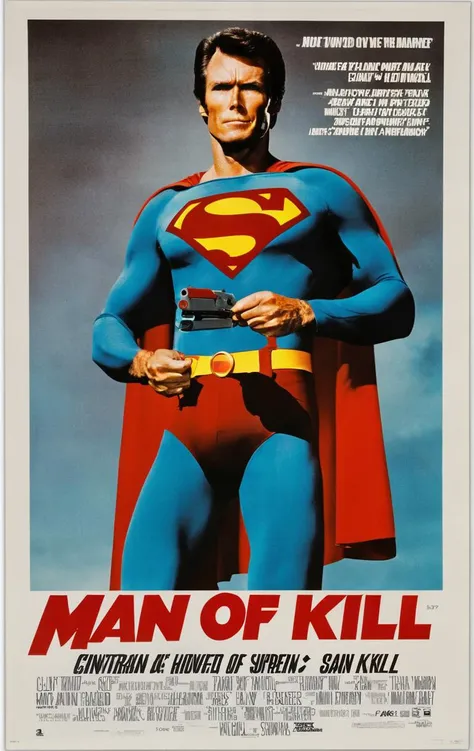 Clint Eastwood as Superman, with title "MAN OF KILL"
, Poster, MovierAF,
,<lora:MoviePosteond-MoviePoster-MovterRedAF:1>