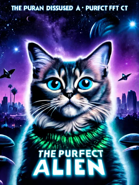 Poster, MovierAF, alien disguised as a cat, with title âThe Purrfect Alienâ <lora:movieposte, <lora:BetterTextRedmond:1>