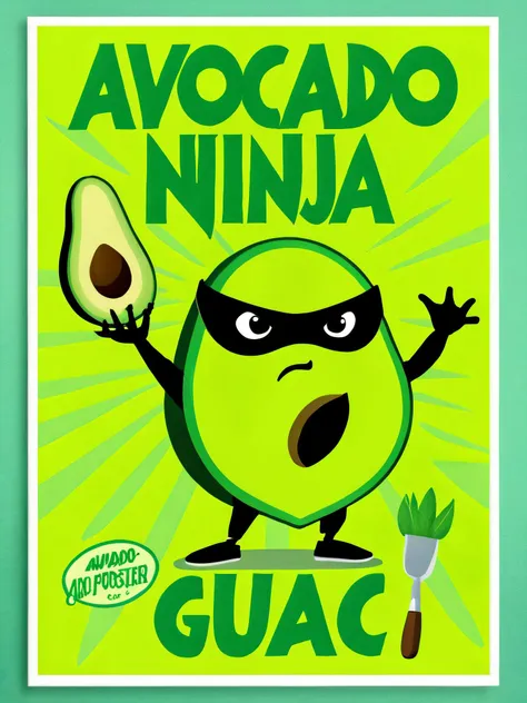 Poster, MovierAF, avocado ninja, with titleâAvocados Gonna Guac You!â <lora:movieposte, <lora:BetterTextRedmond:1>