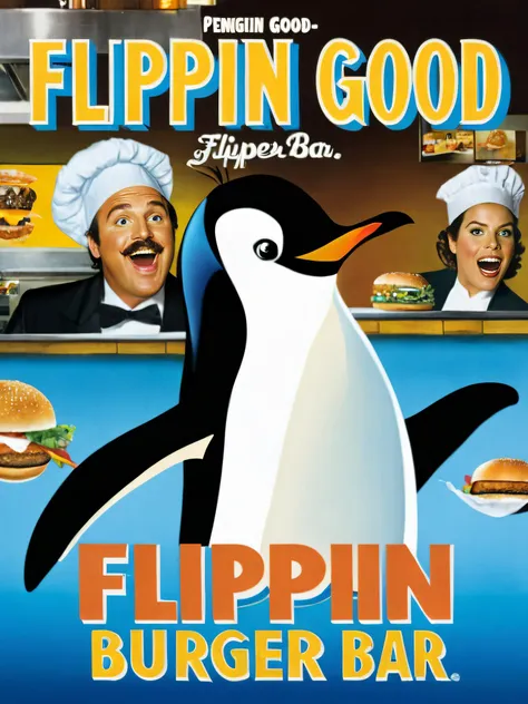 Poster, MovierAF, penguin chef at burger bar, with title âFlippin Goodâ <lora:movieposte, <lora:BetterTextRedmond:1>