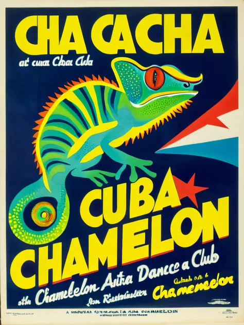 Poster, MovierAF, chameleon at a cuban dance club, with title âCha-Cha Chameleonâ <lora:movieposte, <lora:BetterTextRedmond:1>