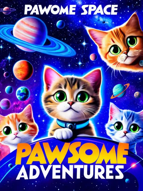 Alien kittens pilot a spaceship shaped like a giant cat, stars and planets swirling around them. with title âPawsome Space Adventures!â ( Poster, MovierAF, <lora:movieposte, <lora:BetterTextRedmond:1>)