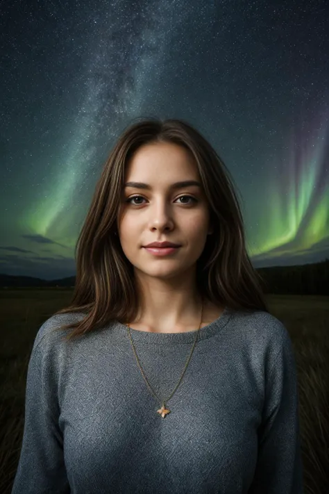 most beautiful woman on the planet earth in front of a starry sky with the milky way and northern lights in beautiful expression of universal light,<lora:add_detail:0.88>,<lora:hairdetailer:1>,