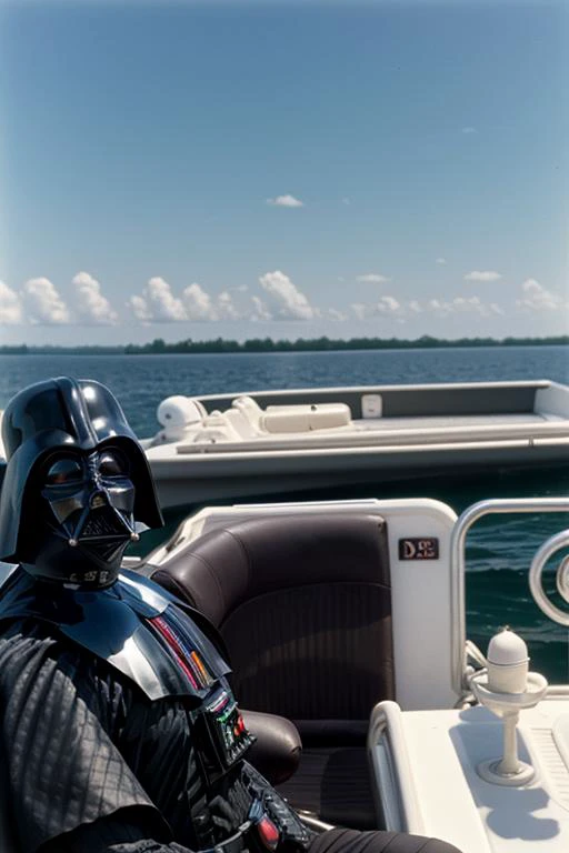 Dath Vader and bozo the clown, susmmer vacation photo, 1980s, best quality, UHD, 8k, on a boat, shimmering water,