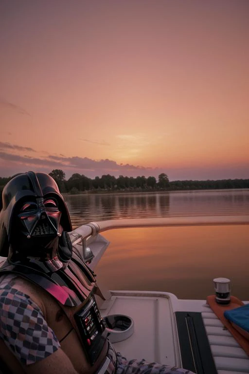 Dath Vader and bozo the clown, susmmer vacation photo, 1980s, best quality, UHD, 8k, on a boat, shimmering water, sunset, orange pink sky, beautiful,