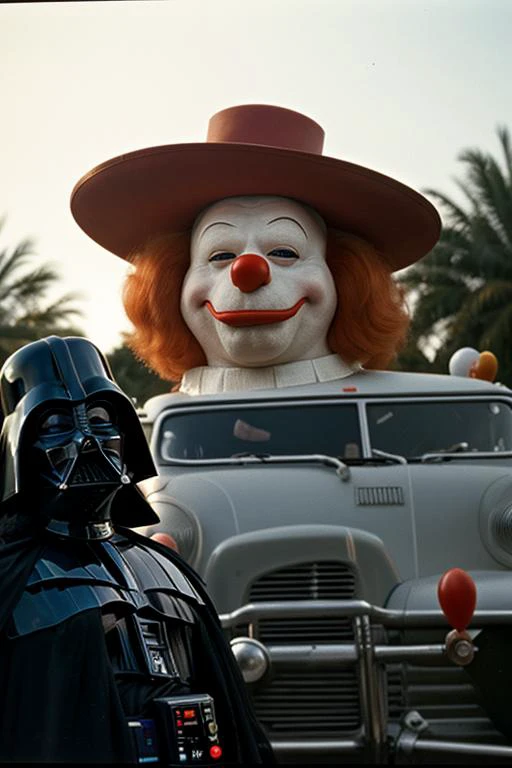 Dath Vader and bozo the clown, susmmer vacation photo, 1980s, best quality, UHD, 8k,
