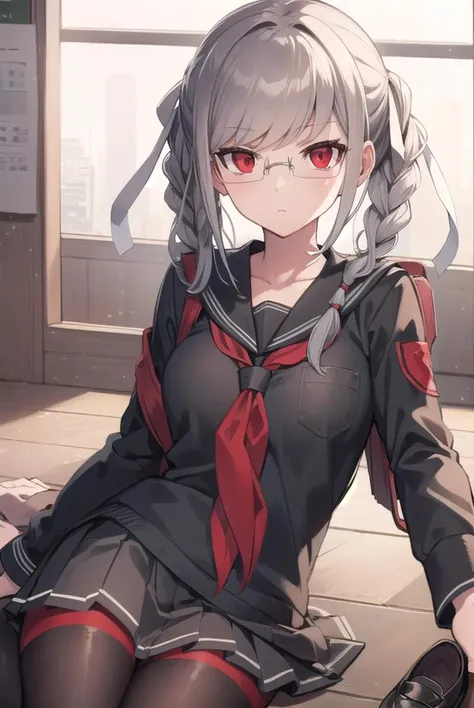 pekopekoyama, <lyco:pekopekoyama-lyco-nochekaiser:1>,
peko pekoyama, braid, long hair, (red eyes:1.5), twin braids, glasses,
BREAK black pantyhose, black shirt, brown footwear, collarbone, pantyhose, pleated skirt, school uniform, serafuku, shirt, shoes, skirt,
BREAK looking at viewer,
BREAK indoors, classroom,
BREAK <lyco:GoodHands-beta2:1>, (masterpiece:1.2), best quality, high resolution, unity 8k wallpaper, (illustration:0.8), (beautiful detailed eyes:1.6), extremely detailed face, perfect lighting, extremely detailed CG, (perfect hands, perfect anatomy),