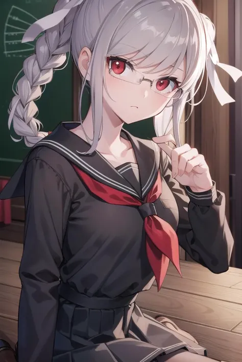 pekopekoyama, <lyco:pekopekoyama-lyco-nochekaiser:1>,
peko pekoyama, braid, long hair, (red eyes:1.5), twin braids, glasses,
BREAK black pantyhose, black shirt, brown footwear, collarbone, pantyhose, pleated skirt, school uniform, serafuku, shirt, shoes, skirt,
BREAK looking at viewer,
BREAK indoors, classroom,
BREAK <lyco:GoodHands-beta2:1>, (masterpiece:1.2), best quality, high resolution, unity 8k wallpaper, (illustration:0.8), (beautiful detailed eyes:1.6), extremely detailed face, perfect lighting, extremely detailed CG, (perfect hands, perfect anatomy),
