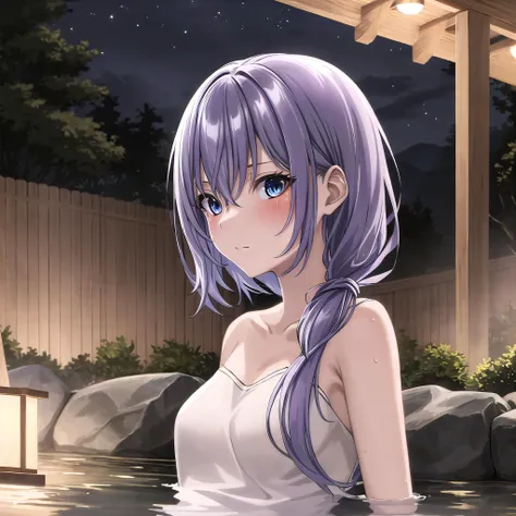 best quality, ((masterpiece)), highly detailed, night, outdoors, onsen, forrest, partially submerged, steam,
1girl, <lora:chara_Isleve_Luna_v1:0.8>, Luna,
looking at the viewer, blush, closed mouth, towel, small breasts, from angle,
blue eyes, purple hair, long hair
