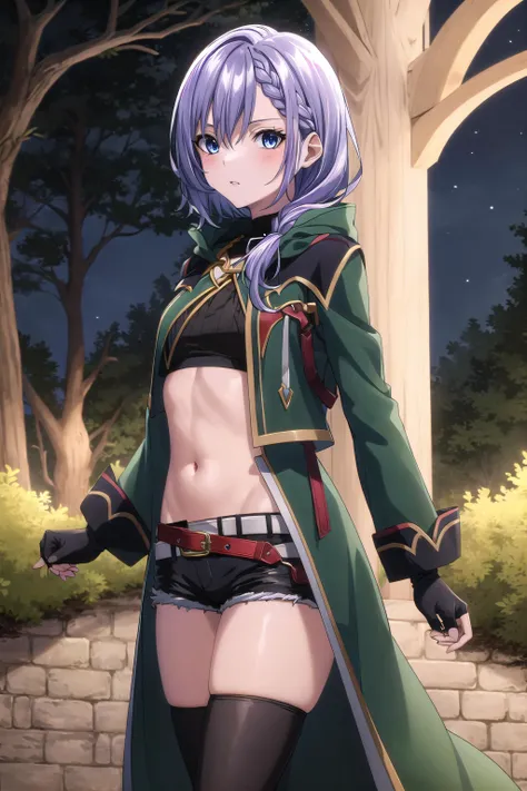 best quality, ((masterpiece)), highly detailed, outdoors, night, forrest,
1girl, <lora:chara_Isleve_Luna_v1:0.8>, Luna,
looking at the viewer,
blue eyes, purple hair, braid, thighhighs, belt, open coat, navel, short shorts, fingerless gloves