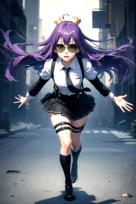 (full body:1.2),(detailed face and eyes:1.3),Classic headshot pose:1.2
<lora:torchan-10:1>,torchan,1girl,solo,long hair,purple hair,green eyes,sunglasses,mini crown,shirt,long sleeves,necktie,ahoge,suspenders,suspender skirt,single thigh strap,holster,kneehighs,
Ultra-detail,(highres:1.1),best quality,(masterpiece:1.3),cinematic lighting,