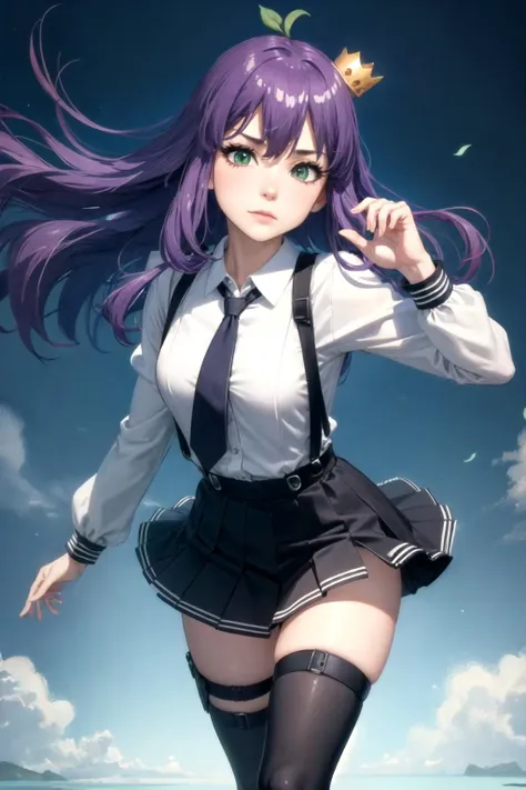 (detailed face and eyes:1.3),Hand on chin pose:1.2,
<lora:torchan-10:1>,torchan,1girl,solo,long hair,purple hair,green eyes,mini crown,shirt,long sleeves,necktie,ahoge,suspenders,suspender skirt,single thigh strap,holster,kneehighs,
Ultra-detail,(highres:1.1),best quality,(masterpiece:1.3),cinematic lighting,