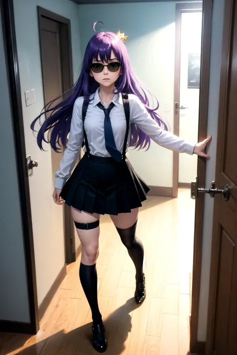 (full body:1.2),(detailed face and eyes:1.3),Standing in the doorway pose:1.2
<lora:torchan-10:1>,torchan,1girl,solo,long hair,purple hair,green eyes,sunglasses,mini crown,shirt,long sleeves,necktie,ahoge,suspenders,suspender skirt,single thigh strap,holster,kneehighs,
Ultra-detail,(highres:1.1),best quality,(masterpiece:1.3),cinematic lighting,