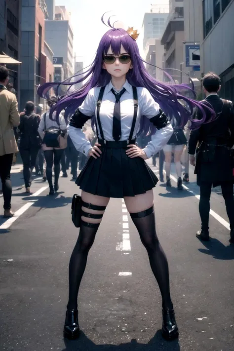 (full body:1.2),(detailed face and eyes:1.3),Hands on hips pose:1.2
<lora:torchan-10:1>,torchan,1girl,solo,long hair,purple hair,green eyes,sunglasses,mini crown,shirt,long sleeves,necktie,ahoge,suspenders,suspender skirt,single thigh strap,holster,kneehighs,
Ultra-detail,(highres:1.1),best quality,(masterpiece:1.3),cinematic lighting,