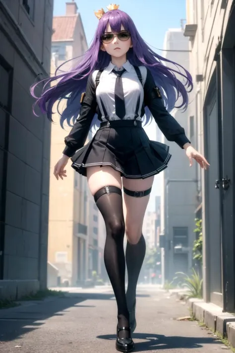 (full body:1.2),(detailed face and eyes:1.3),Classic headshot pose:1.2
<lora:torchan-10:1>,torchan,1girl,solo,long hair,purple hair,green eyes,sunglasses,mini crown,shirt,long sleeves,necktie,ahoge,suspenders,suspender skirt,single thigh strap,holster,kneehighs,
Ultra-detail,(highres:1.1),best quality,(masterpiece:1.3),cinematic lighting,