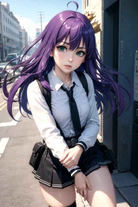 (detailed face and eyes:1.3),Leaning on one leg pose:1.2,
<lora:torchan-10:1>,torchan,1girl,solo,long hair,purple hair,green eyes,mini crown,shirt,long sleeves,necktie,ahoge,suspenders,suspender skirt,single thigh strap,holster,kneehighs,
Ultra-detail,(highres:1.1),best quality,(masterpiece:1.3),cinematic lighting,