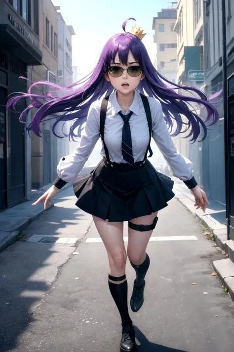 (full body:1.2),(detailed face and eyes:1.3),Shoulder forward pose:1.2
<lora:torchan-10:1>,torchan,1girl,solo,long hair,purple hair,green eyes,sunglasses,mini crown,shirt,long sleeves,necktie,ahoge,suspenders,suspender skirt,single thigh strap,holster,kneehighs,
Ultra-detail,(highres:1.1),best quality,(masterpiece:1.3),cinematic lighting,