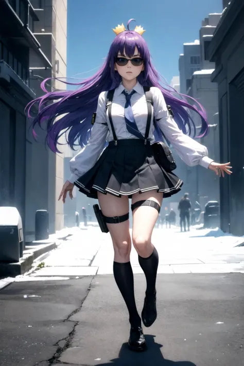 (full body:1.2),(detailed face and eyes:1.3),One hand on hip pose:1.2
<lora:torchan-10:1>,torchan,1girl,solo,long hair,purple hair,green eyes,sunglasses,mini crown,shirt,long sleeves,necktie,ahoge,suspenders,suspender skirt,single thigh strap,holster,kneehighs,
Ultra-detail,(highres:1.1),best quality,(masterpiece:1.3),cinematic lighting,