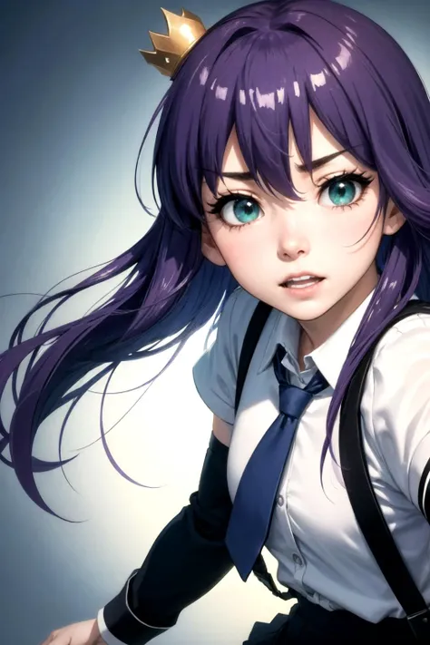 (detailed face and eyes:1.3),Standing tall pose:1.2,(close-up:1.3), detailed teeth,
<lora:torchan-10:0.8>,torchan,1girl,solo,long hair,purple hair,green eyes,mini crown,shirt,long sleeves,necktie,ahoge,suspenders,suspender skirt,single thigh strap,holster,kneehighs,
Ultra-detail,(highres:1.1),best quality,(masterpiece:1.3),cinematic lighting,