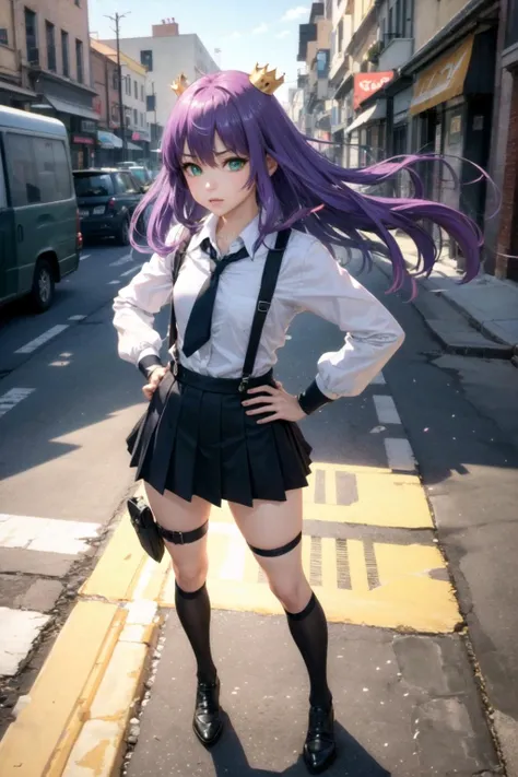 (full body:1.2),(detailed face and eyes:1.3),Hands on hips pose:1.2,
<lora:torchan-10:1>,torchan,1girl,solo,long hair,purple hair,green eyes,mini crown,shirt,long sleeves,necktie,ahoge,suspenders,suspender skirt,single thigh strap,holster,kneehighs,
Ultra-detail,(highres:1.1),best quality,(masterpiece:1.3),cinematic lighting,
