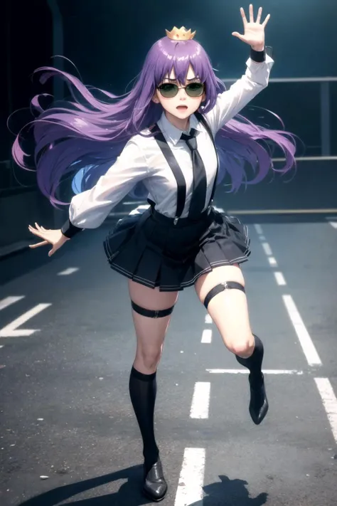 (full body:1.2),(detailed face and eyes:1.3),Contrapposto pose:1.2
<lora:torchan-10:1>,torchan,1girl,solo,long hair,purple hair,green eyes,sunglasses,mini crown,shirt,long sleeves,necktie,ahoge,suspenders,suspender skirt,single thigh strap,holster,kneehighs,
Ultra-detail,(highres:1.1),best quality,(masterpiece:1.3),cinematic lighting,