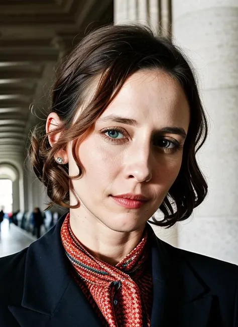 portrait of sks woman in Berlin, at the Reichstag building, by Flora Borsi, style by Flora Borsi, bold, bright colours, ((Flora Borsi)), by Michael Kenna, <lora:lora-small-vera-farmiga-v1:1>