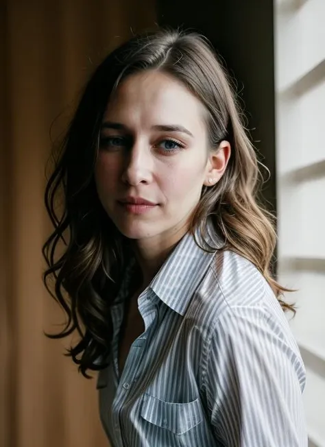 RAW portrait photo of beautiful young sks woman, Striped shirt and pleated skirt, natural lighting, by Michael Kenna, detailed face, UHD, absurdres, epic scene composition, 
cinematic look, Fujifilm XT3, dslr, high quality, film grain 
 <lora:lora-small-vera-farmiga-v1:1>