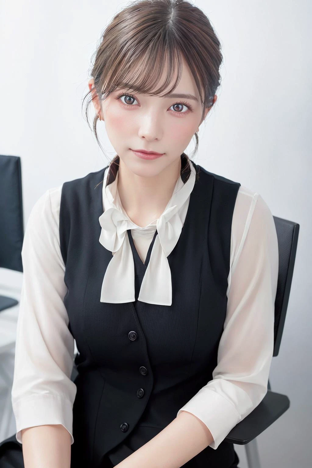 <lora:aiUehara_v10:1.2> (photo realistic:1.4), perfect anatomy, symmetry eyes, 80mm F1.8 sigma, field of depth, bokeh, makeup, <lora:japaneseDollLikeness_v10:0.4>, 1 girl, cute, sexy, best quality, ultra high res, detailed face, sitting on chair, office, detailed background, detailed lighting, depth of field, clk, vest, pencil skirt, (bow:1.2), <lora:clerkSuit_clk:0.6>