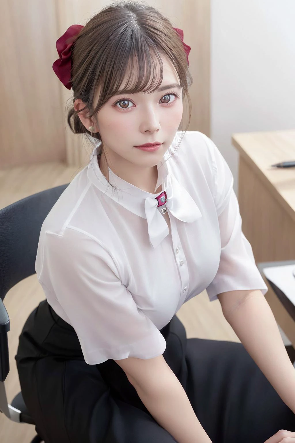 <lora:aiUehara_v10:1.2> (photo realistic:1.4), perfect anatomy, symmetry eyes, 80mm F1.8 sigma, field of depth, bokeh, makeup, <lora:japaneseDollLikeness_v10:0.4>, 1 girl, cute, sexy, best quality, ultra high res, detailed face, sitting on chair, office, detailed background, detailed lighting, depth of field, clk, vest, pencil skirt, (bow:1.2), <lora:clerkSuit_clk:0.6>