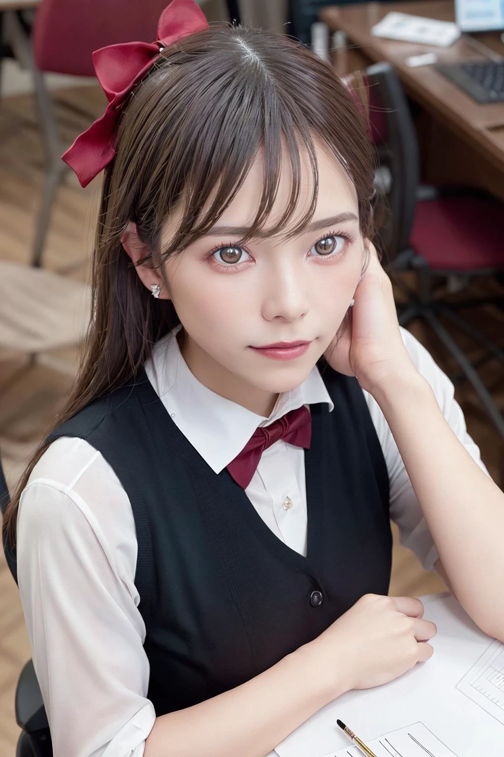 <lora:aiUehara_v10:1.2> (photo realistic:1.4), perfect anatomy, symmetry eyes, 80mm F1.8 sigma, field of depth, bokeh, makeup, <lora:japaneseDollLikeness_v10:0.4>, 1 girl, cute, sexy, best quality, ultra high res, detailed face, sitting on chair, office, detailed background, detailed lighting, depth of field, clk, vest, pencil skirt, (bow:1.2), <lora:clerkSuit_clk:0.6>