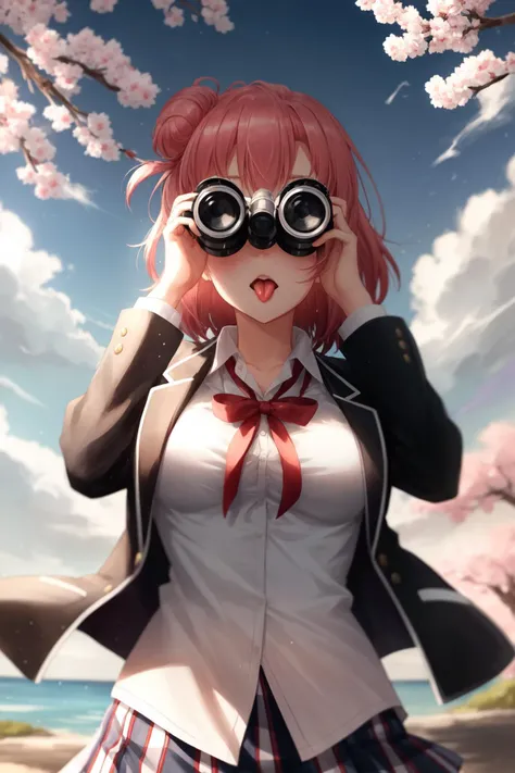 <lora:yui_yuigahama_v2:1> yui yuigahama, short hair, single hair bun, <lora:more_details:0.3>,outdoors, sakura tree,school uniform, masterpiece, best quality,medium breasts,cinematic lighting, binoculars, holding binoculars, tounge out, black jacket, skirt, open jacket,