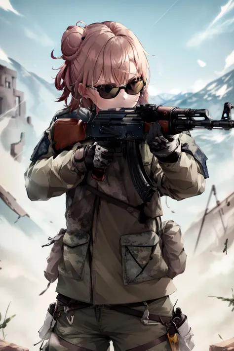 (best quality,masterpiece,best detail:1.4),(beautiful),(military outfit, body armor,black sunglasses),1girl,looking afar,glaring,(black tactical gears),(holding gun,assault rifle,aiming at viewer:1.2),AK-47, AKM, kalashnikov_rifle, assault_rifle,desert,ruins,  <lora:ak47_7:0.95>  <lora:1more_details:0.2> <lora:yui_yuigahama_v2:0.95> yui yuigahama, short hair, single hair bun,