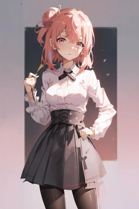 art by Cornflower, dreamy,
((masterpiece, best quality:1.4), looking at viewer, yui yuigahama, virgin_killer_outfit, pink hair, short hair, side hair bun, pink eyes, medium breasts, yuigahama yui, virgin killer outfit, high-waist skirt, standing, pantyhose, cowboy shot, micro skirt, grey background) <hypernet:Cornflower_Mirage:1><lora:yui_yuigahama_v1:0.7> <lora:virgin_killer_outfit:1>