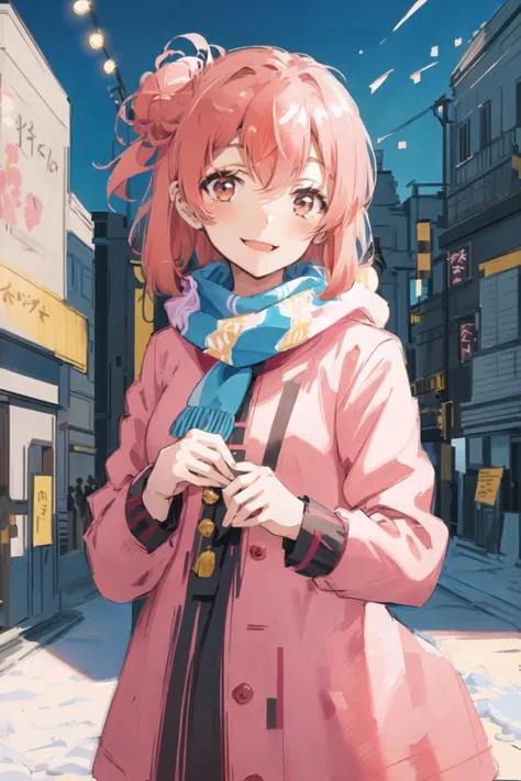 art by Cornflower, dreamy,
((masterpiece, best quality:1.4), looking at viewer, cowboy shot, smile, pink hair, yui yuigahama, single hair bun, night, coat, scarf, outdoors, night, snowing, solo,)  <hypernet:Cornflower_Mirage:1><lora:yui_yuigahama_v1:0.7> <lora:virgin_killer_outfit:1>