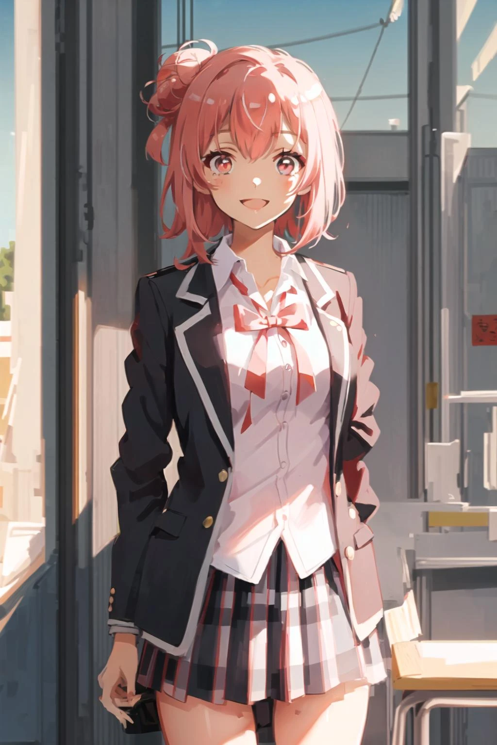 art by Cornflower, dreamy,
((masterpiece, best quality:1.4), looking at viewer, cowboy shot, smile, classroom, yui yuigahama, pink hair, short hair, side hair bun, pink eyes, medium breasts, school uniform, blazer, black blazer, white shirt, red ribbon, plaid skirt, outdoors, street, blurry_background <lora:yui_yuigahama_v1:0.7>) <hypernet:Cornflower_Mirage:1>