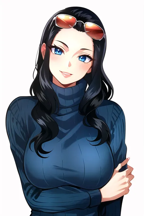 nico robin, 1girl, black hair, blue eyes, blue sweater, eyewear on head, hand up, head tilt, lips, long hair, looking at viewer, official alternate costume, smile, solo, sunglasses, sweater, turtleneck, turtleneck sweater, ((masterpiece)) <lora:nico_robin_post_timeskip_offset:1>