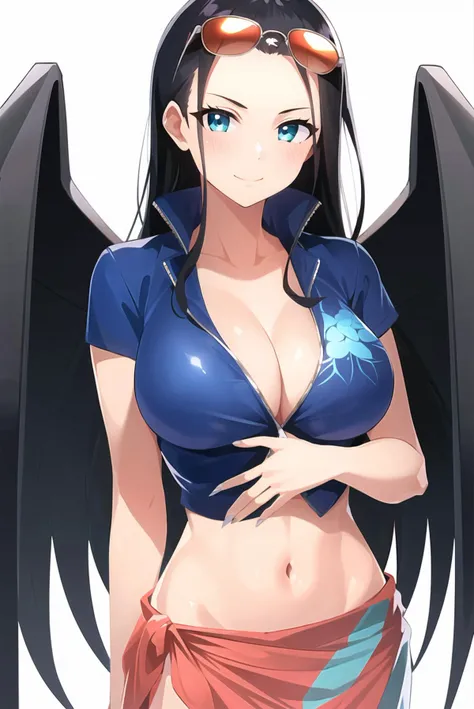 nico robin, 1girl, aqua eyes, black hair, breasts, cleavage, closed mouth, collared jacket, cowboy shot, crop top, cropped jacket, extra hands, eyewear on head, fingernails, hair slicked back, hand up, high collar, jacket, large breasts, long hair, looking at viewer, midriff, navel, plunging neckline, pose, sarong, short sleeves, simple background, smile, solo, standing, stomach, sunglasses, very long hair, white background, wings, ((masterpiece))  <lora:nico_robin_post_timeskip_offset:1>