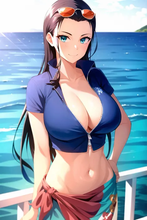 ((super high quality,Ultra-high resolution,16K,super masterpiece,Ultra HD,Ultra high definition:1.3,))One Girl,(Short wavy blonde hair,)Short Side Ponytail,(Black-purple hair tie shaped like a butterfly:1.4,)Emerald eyes,West 83cm,Height: 155cm,Slender body,Cleavage,((She wears a pink sweatsuit, boldly open at the chest, bare.:1.5,)Tight collar:1.2,A zipper that opens from the neck to below the chest:1.3,Fine zipper,sexly,)(light blue butterfly necklace:1.2,)Smiling happily at the camera,Closing one eye and making a peace sign,Place one hand on hip,leaning forward with her body angled forward,sweating all over,Angle looking up from below,a blue sky with clouds and sun,