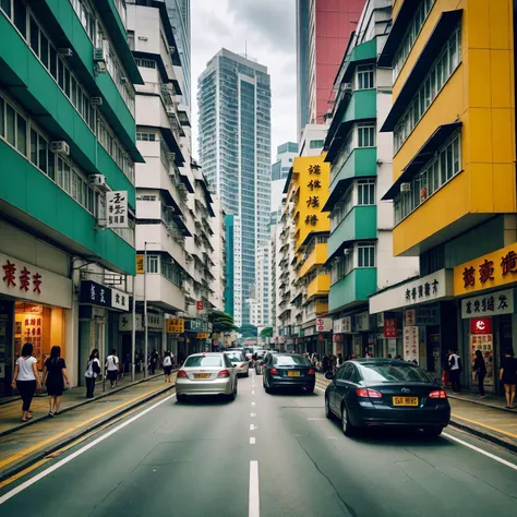 aargoldhk, a city street with cars and people walking on the sidewalk and buildings on the other side of the street <lora:AARG_Old_HK-000014:0.40>