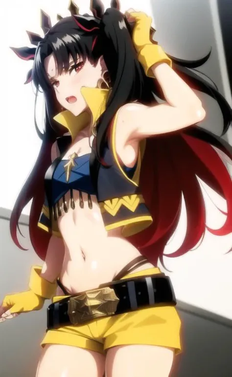 <lora:Hara:1>, 1GIRL, ISHTAR (FATE), LONG HAIR, BLACK HAIR, YELLOW SHORTS, RED EYES, SOLO, SHORTS, RED HAIR, GLOVES, YELLOW VEST, EARRINGS, JEWELRY, MULTICOLORED HAIR, TWO-TONE HAIR, TWO SIDE UP, BREASTS, FINGERLESS GLOVES, HOOP EARRINGS, SHORT SHORTS, BELT, VEST, BANGS, YELLOW GLOVES, CROPPED VEST,(looking at viewer,cowboy shot),<lora:spaceishtar:0.6>