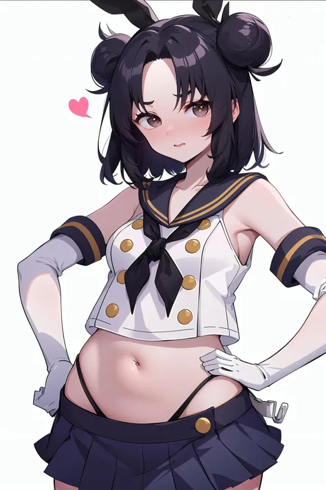 origin, outfit-shimacos,(white background),black hair, 1girl,hands on hips, solo, blush,embarrassed,, cowboy shot,