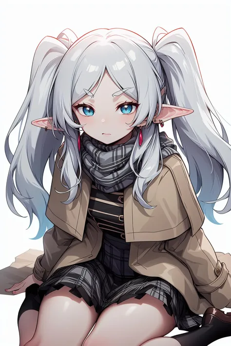 (white background), perfect face, detailed face,  full-face blush, blank stare,...,air bubble, thighs,, frieren, 1girl, wariza,long hair, pointy ears, twintails, jewelry, elf, earrings,beige scarf,brown coat,plaid skirt,suspender skirt,alternate legwear, parted bangs,