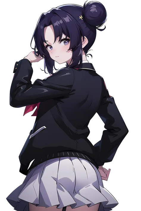 origin, (white background:1.3), 1girl, solo, blush,awkward, school uniform,look back,pleated skirt, hand on hip,cowboy shot,