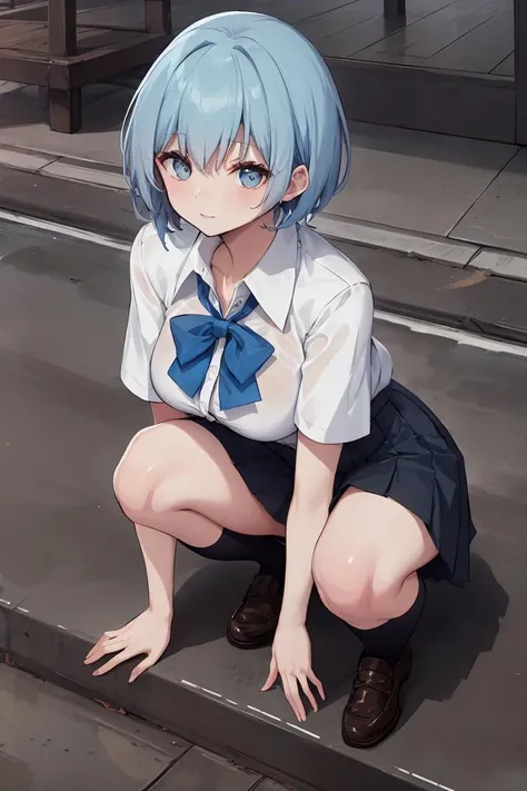 (masterpiece, best quality), 1girl, Slate Short Pixie Cut, Size H breasts, Medium blue Collared button-up blouse with a tied bow detail. and Pleated culottes, kneehighs, Crouching on the ground