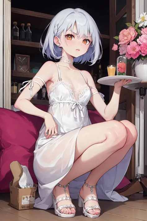 (masterpiece, best quality), spring, A floral maxi dress with strappy sandals, Vixen, Short, Wide Hips, Square Face, Fair Skin, White Hair, dark brown Eyes, Straight Nose, Pouty Lips, Prominent Chin, Shoulder-Length Hair, Fine Hair, Lace Braid, small breasts, Threader earrings, hot pink satin lipstick