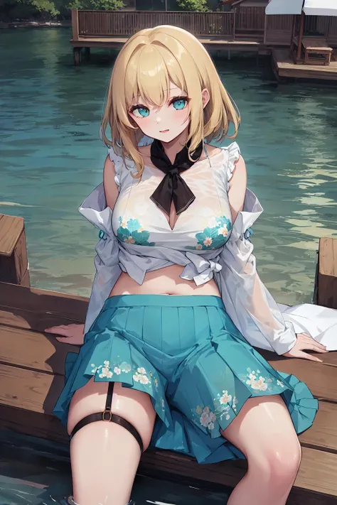 (masterpiece, best quality), 1girl, Golden Blonde Taper Fade with Textured Top, Sizes I to L breasts, Aqua Puff-sleeve wrap blouse with a floral print. and Pleated culottes, legwear garter, Resting on a wooden dock, feet dipped in water, feeling serene.