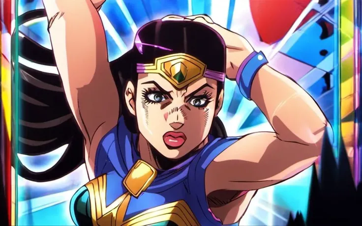A promotional photo of ((Wonderwoman)) dancing at a club, Very detailed, clean, high quality, sharp image, jojoso style <lora:SDXL-jojoso_style-Lora:1>