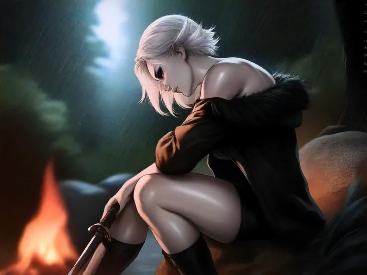 score_9, score_8_up, score_7_up, score_6_up, score_5_up, source_furry, rating_questionable, <lora:BackgroundDetailer:1>,<lora:saturation:1>, <lora:sdxl_offset:1> contrast, <lora:Expressive_H:1> expressiveh, artistic lighting, bloom, blur, detailed background, depth of field, film grain, realistic, subsurface scattering, ultra detailed, voluptuous, passionate, detailed textured body, (dandon fuga:0.7), yuiga naoha
, <lora:Ashley_Johnson:1.3> 1girl, (aj woman:1.3), 1girl, white hair, pale skin, mascara, sitting, side view, campfire, forest, rain, lightning bolt, goth, black feathers, feather trimmed jacket, bare shoulders, medieval fantasy, huge jagged sword,