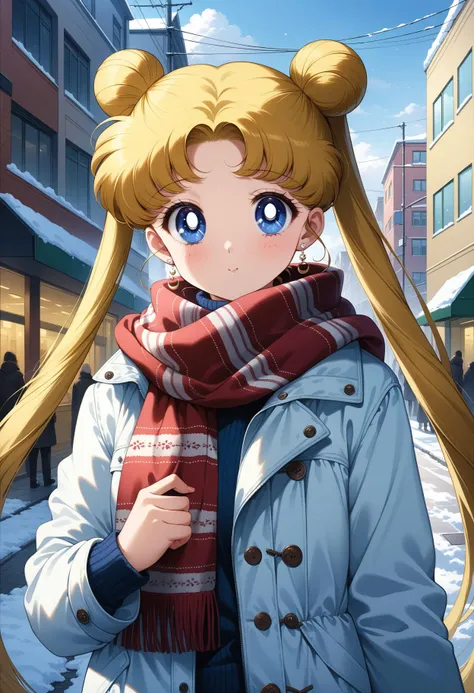 (masterpiece, best quality, very aesthetic, ultra detailed), intricate details, 4k, aausagi, long hair, double bun, twintails, parted bangs, earrings, blue eyes, <lora:sailor_moon_animaginexl_v1:0.9>, street, winter clothes, scarf, snow, outdoors