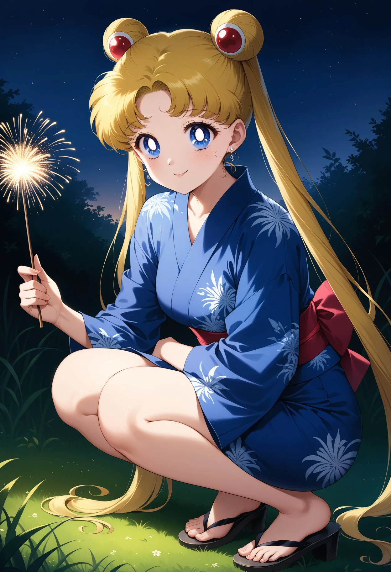 (masterpiece, best quality, very aesthetic, ultra detailed), intricate details, 4k, aausagi, long hair, double bun, twintails, parted bangs, earrings, blue eyes, <lora:sailor_moon_animaginexl_v1:0.9>, grass, smile, holding fireworks, night, yukata, kimono, smile, squatting, sandals,